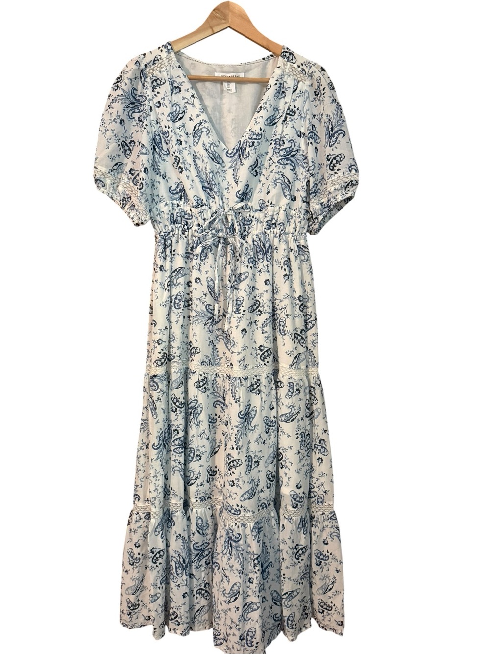Lucky Brand Paisley Floral White & Blue Tiered Maxi Dress Eyelet & Ribbon Detail